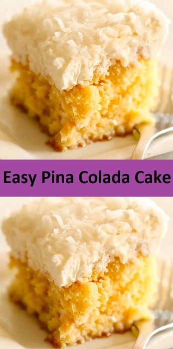 a close up of a piece of cake on a plate with the words easy and moist pina colada cake