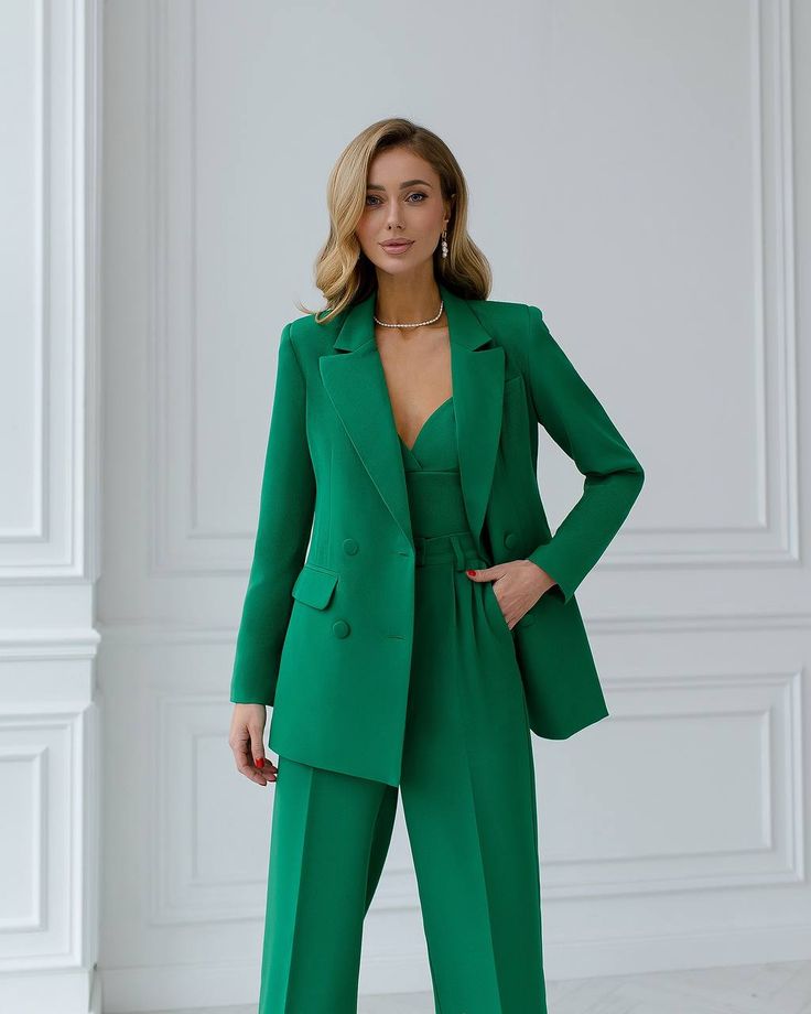 Fabric: Suiting fabric Cotton 65%, Polyester 35% Included: Blazer, Tops, Pants Blazer length: 74 cm/ 29 in Sleeve length: 61 cm/ 24 in Pants length: 116 cm/ 45,6 in 4 Buttons Wide-leg pants Sweetheart top Lining option: Fully-lined Colors: Red, Green, Black, White, Crimson, Pink, Mocha, Electric Blue, Coral Business Casual Three-piece Suit With Long Sleeves, Business Casual Three-piece Suit With Pockets, Three-piece Long Sleeve Suit With Pockets For Business Casual, Tailored Sets With Pockets And Suit Collar, Tailored Office Wear Set With Pockets, Fitted Solid Color Wide Leg Sets, Fitted Wide Leg Solid Color Sets, Solid Color Fitted Wide Leg Sets, Fitted Wide Leg Set With Pockets