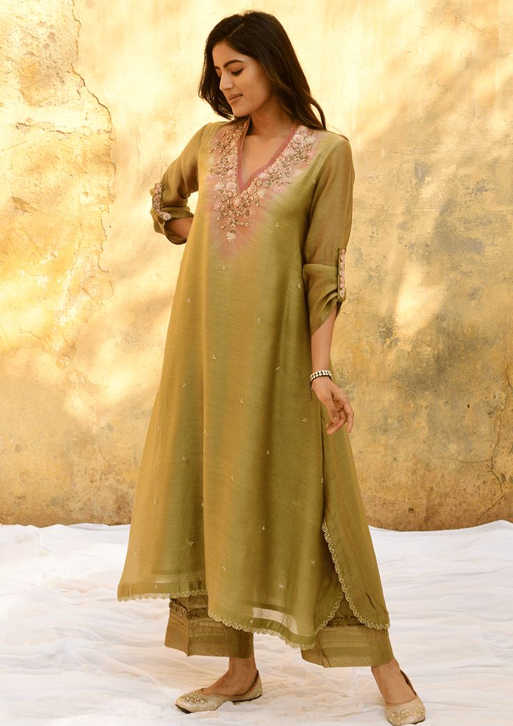 Niti Bothra-Olive Green Mystic Knot Ombre Kurta And Pants-INDIASPOPUP.COM Niti Bothra, Mystic Knot, Kurta And Pants, Kurta And Palazzo, Ombre Fashion, Palazzo Set, Sharara Set, Organza Dupatta, Kurta With Pants