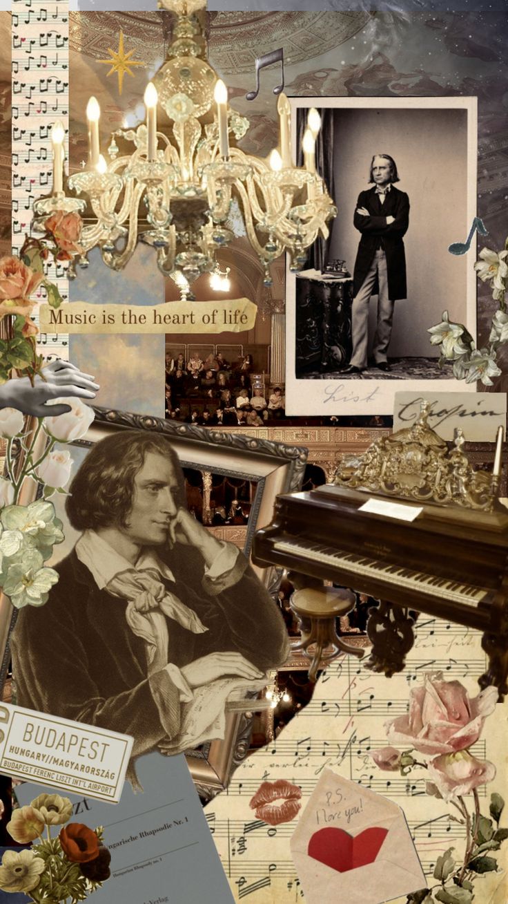 a collage of photos, pictures and other items with a woman on the piano