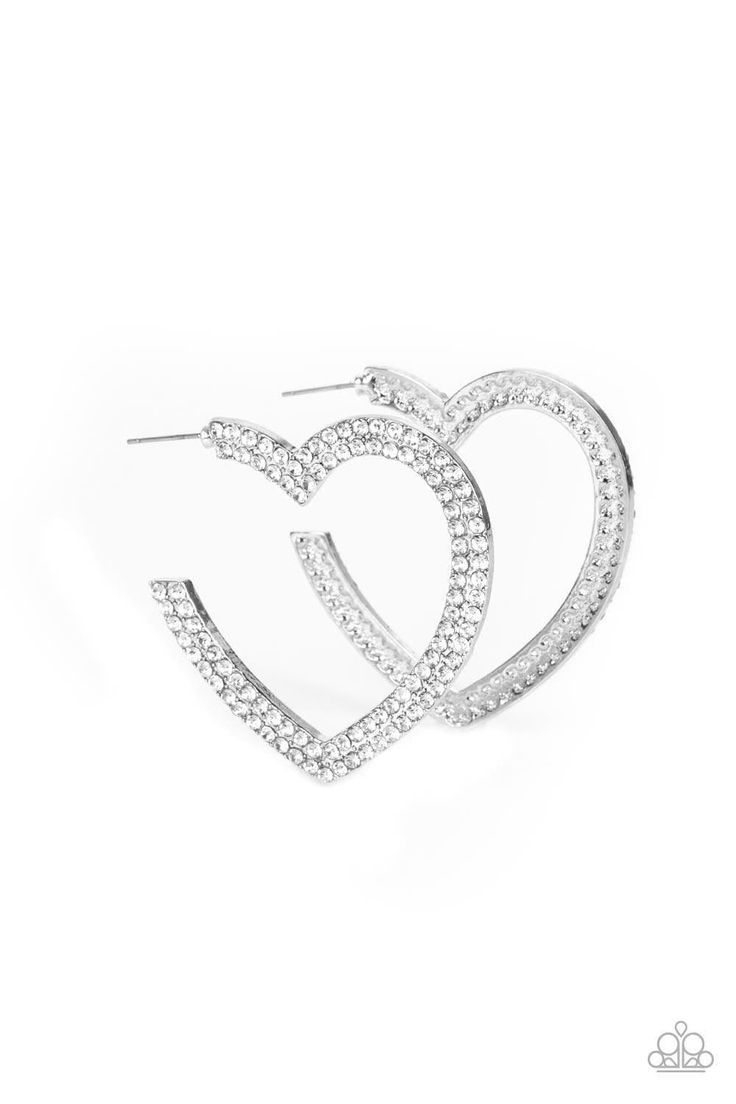 Two rows of blinding white rhinestones are encrusted along the front of a heart shaped silver hoop, creating a heart-stopping sparkle. Hoop measures approximately 2" in diameter. Earring attaches to a standard post fitting. Sold as one pair of hoop earrings. White Hoop Earrings, Haute Jewelry, Bling Fashion, Heart Hoop Earrings, Bracelet Display, Heart Shaped Earrings, Earring Display, Paparazzi Accessories, White Rhinestone