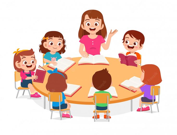 children are sitting at the table and reading books with their teacher, cartoon character isolated on white background