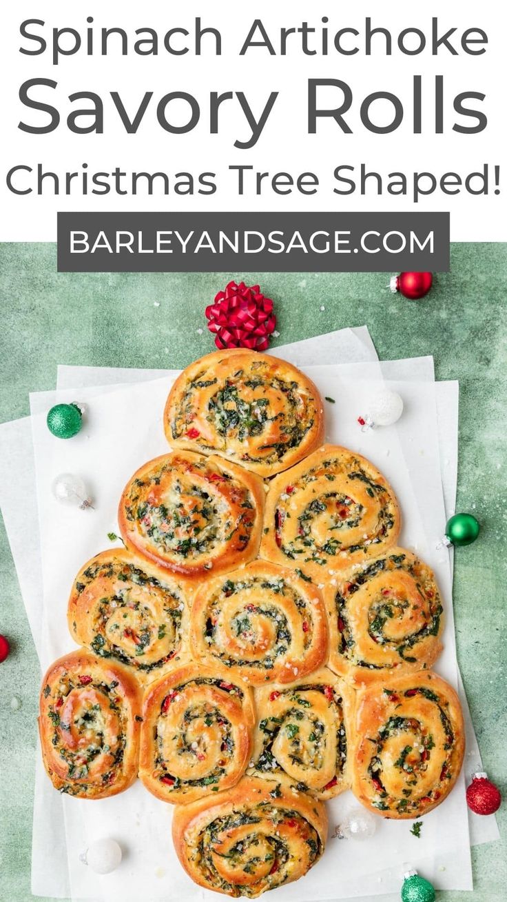 spinach artichoke savory rolls christmas tree shaped with text overlay