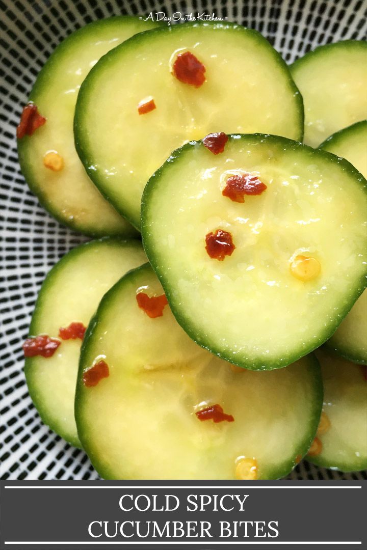 cucumber bites in a bowl with the words, cold spicy cucumber bites