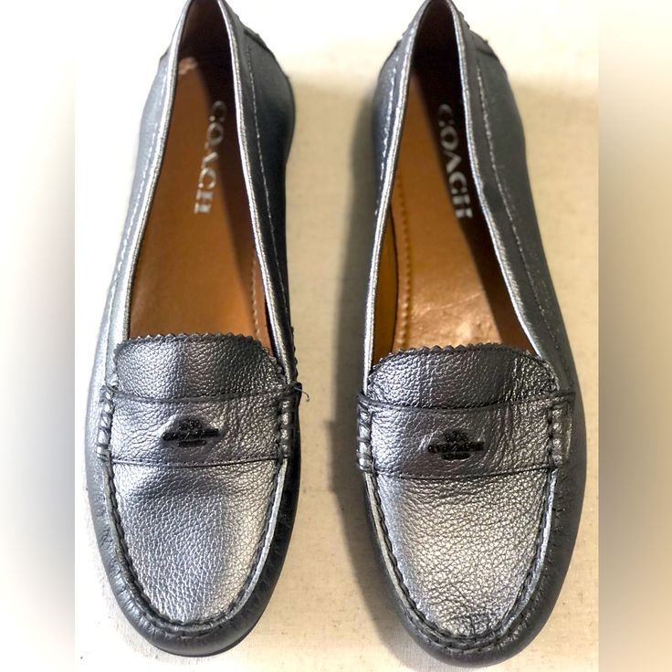 These Loafers Are One Of My All Time Faves. Super Soft And Comfortable But Keep Their Shape. Soft Rubbery Bottom Sole For All Day Comfort! Dress Up Jeans Or Slacks! Rare Find For Coach Silver Loafers. Driving Moccasins Womens, Silver Ballerina Flats, Brown Ballet Flats, Silver Loafers, Coach Loafers, Driver Shoes, Black Suede Flats, Dress Up Jeans, Leopard Print Flats