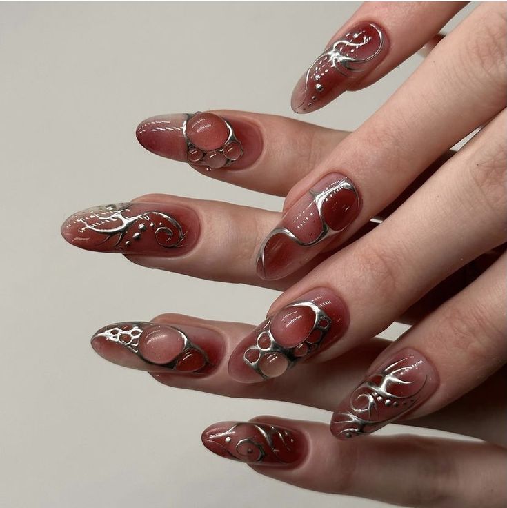 Chrome Red Nails, Red Nails Art, Red And Silver Nails, Chrome Red, Wow Nails, Hippie Nails, Goth Nails, Korean Nails, Grunge Nails