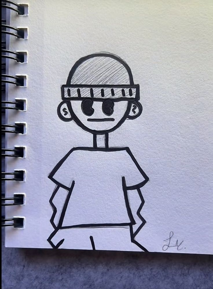 a drawing of a boy with a hat on his head is shown in black and white