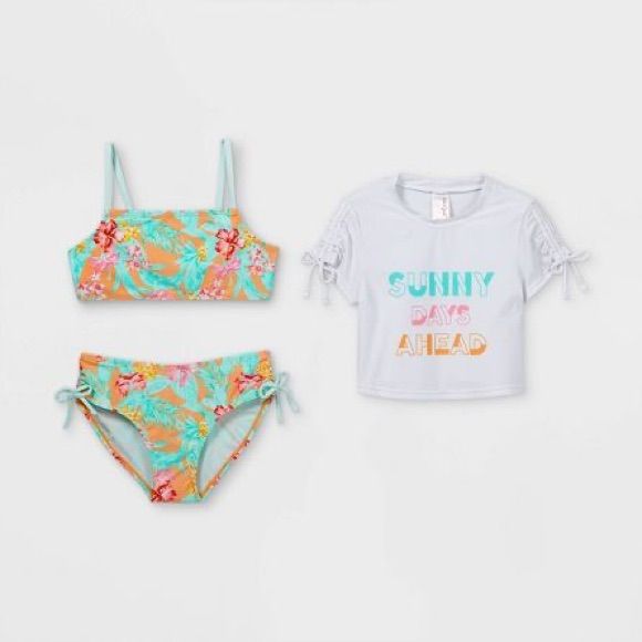 Sweet Summer Cropped Short Sleeve 3-Piece Bikini Set From Cat & Jack Allover Bright Flowers And Palms Are Printed On An Orange Bralette Top And Swim Bottom For A Sweet Look She'll Love Wearing Over And Over To The Beach Or Pool. Bows Adorn The Sides Of The Bottom And A Coordinating Short Sleeve Shirt For Added Flair. The Shirt Reads "Sunny Days Ahead". Stretchy Construction Lends Her Comfortable Movement In And Out Of The Water, And Upf 50+ Rated Fabric Provides Added Protection Against The Sun' Fitted Cotton Playful Swimwear, Playful Fitted Cotton Swimwear, Playful Summer Sets For Poolside, Playful Fitted Tops For Pool, Spring Beachwear Tops For Play, Fitted Beachwear Playwear Set, Playful White Sets For Poolside, Fitted Beachwear Sets For Playwear, Cute Poolside Sets For Beach Season