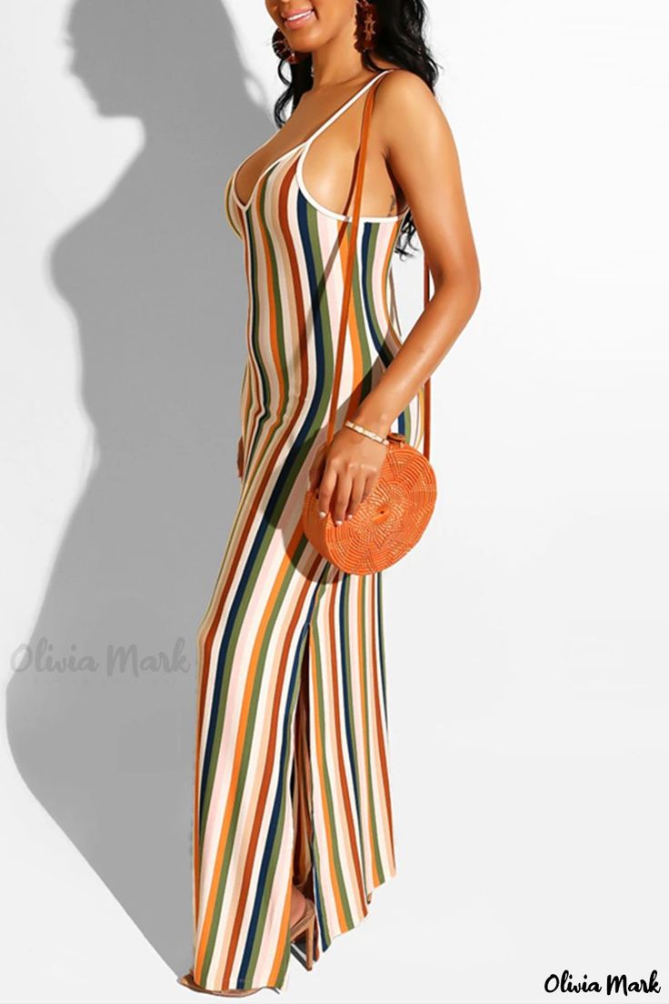 Olivia Mark - Colorful Fashion: Womens Striped Print Backless Spaghetti Strap Sling Dress Trendy Backless Summer Sundress, Spring Vacation Backless Suspender Dress, Chic Suspender Dress With Spaghetti Straps For Beach, Casual Backless Suspender Dress For Brunch, Chic Cami Sundress For Summer, Spring Vacation Halter Neck Suspender Dress, Chic Halter Neck Suspender Dress For Vacation, Casual Suspender Dress For Beach, Casual Spring Suspender Dress For Vacation