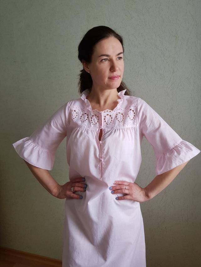 Amazing vintage nightgown. Delicate night dress with embroidery and lace. Pale pink colour. Cotton, is gentle, light and pleasant to the body. Excellent condition!! Size S/M. Model is size M 170cm growth. **This item will come to you freshly laundered and ready to wear. **If you want to purchase more items, please message me, I will make a special price and delivery. Feminine Spring Nightgown, Pink Summer Nightgown For Home, Feminine Nightgown With Lace Trim For Home, Feminine Lace Trim Nightgown For Home, Pink V-neck Nightgown For Home, Feminine Pink Chemise For Spring, Feminine Pink Nightgown, Pink Feminine Nightgown, Feminine Lace Trim Chemise For Spring