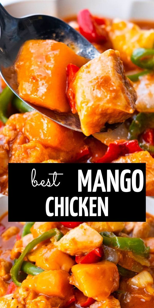 the best mango chicken recipe in a white bowl with a spoon