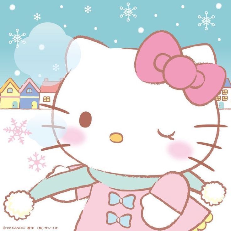 a hello kitty wallpaper with houses and snowflakes in the backgroud