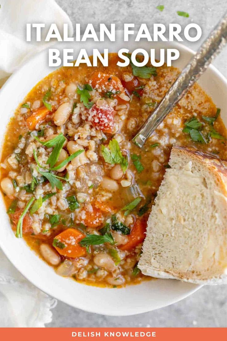 a bowl of italian faro bean soup with bread on the side