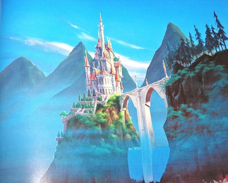 the castle is on top of a mountain with a bridge going over it and mountains in the background