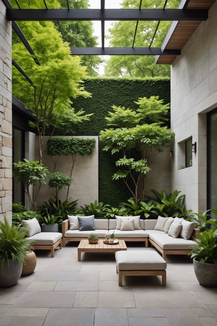 an outdoor living area with couches, tables and plants