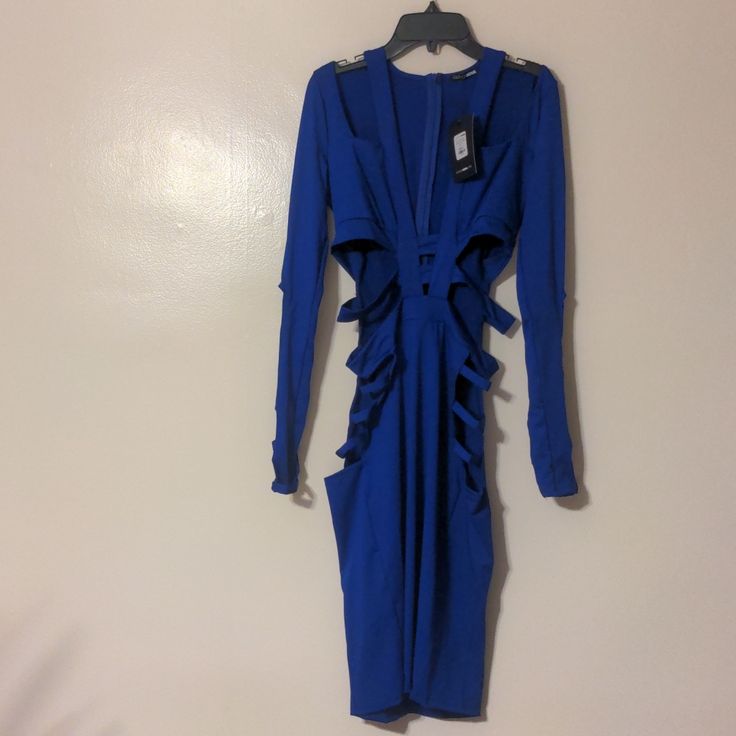 Fashion Nova Cut The Small Talk Midi Dress Royal Blue Size Large Nwt Blue Cutout Midi Dress For Spring, Blue Cutout Midi Dress For Party, Blue Fitted Dress With Cutout Details, Blue Cutout Mini Dress For Party, Blue Cutout Fitted Dress, Fitted Blue Dress With Cutout Details, Fitted Blue Cutout Dress, Fitted Blue Midi Dress With Cutout, Blue Long Sleeve Bodycon Dress For Brunch