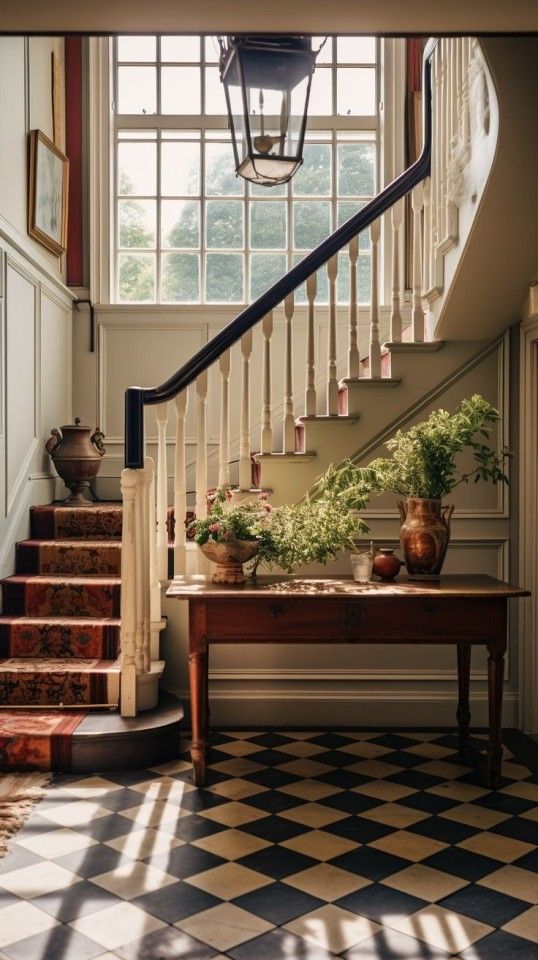 an entryway with stairs, potted plants and a table in front of it