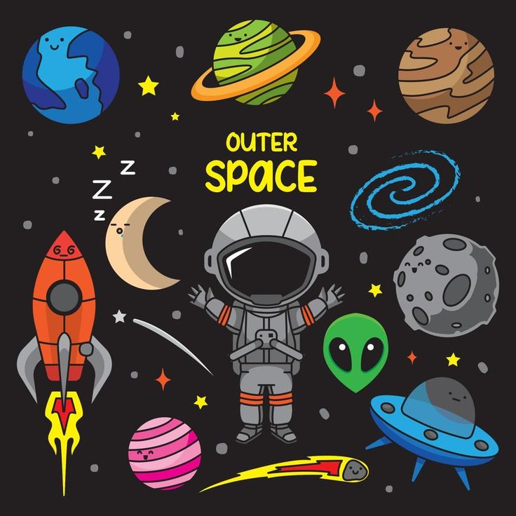 an outer space themed poster with various items including rockets, planets, and stars on a black background