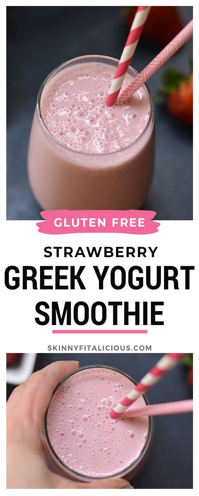 strawberry greek yogurt smoothie in a glass with straws on the top