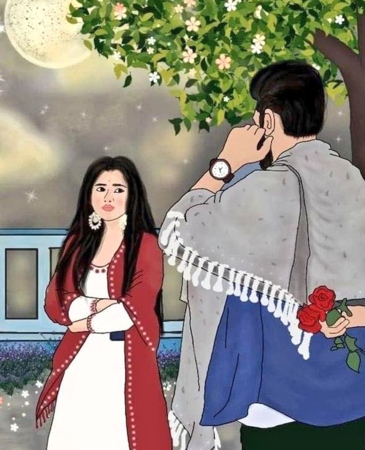 a woman standing next to a man under a tree in front of a moon filled sky