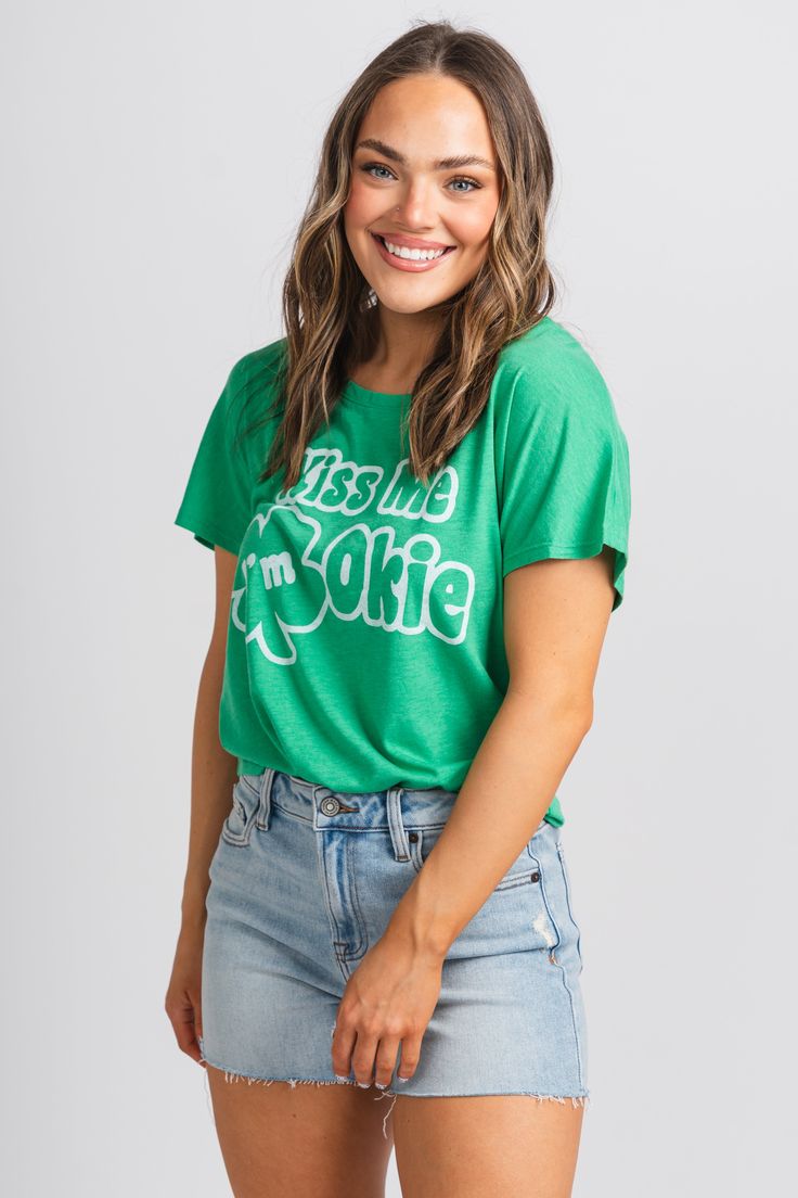 St. Patrick's Day t-shirt from Lush Fashion Lounge women's boutique in Oklahoma City. Lush boutique in OKC has a variety of cute St. Patrick's Day apparel and more! Don't get pinched in this trendy St. Paddy's Day tee! Model is 5'4 size 27 wearing size small. 50% polyester 25% cotton 25% rayon Fun Green Tops With Letter Print, Cute Green Top With Text Print, Trendy Green Tops With Text Print, Trendy Green Top With Text Print, Fun Green Tops With Text Print, Fun Green Top With Text Print, Green Casual Tops With Funny Print, Casual Green Tops With Funny Print, Fun Green Crew Neck Top