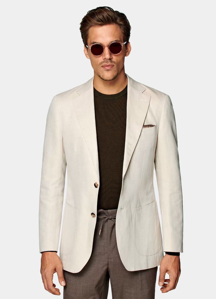 Light Brown Havana Jacket | Linen Cotton Single Breasted | Suitsupply Online Store Luxury Beige Sport Coat For Spring, Luxury White Linen Blazer, Elegant White Linen Sport Coat, Classic Summer Sport Coat For Formal Occasions, Cream Blazer Outfit Men, Blazer Outfits Men Wedding, Blazer Outfit For Men, Cream Blazer Outfit, Blazer Men Outfit