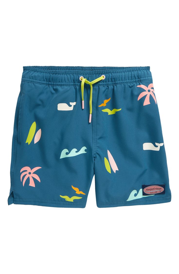 These quick-drying swim trunks feature a fun, summery print and a handy back flap pocket with drainage grommets to help prevent ballooning. Elastic/drawstring waist Front slant pockets; back flap-patch pocket Mesh liner 90% REPREVE® recycled polyester, 10% polyester REPREVE recycled polyester is made from 100% post-consumer recycled plastic bottles Machine wash, line dry Imported Spring Playful Swim Trunks For Playwear, Playful Swim Trunks For Summer Playtime, Summer Graphic Print Swim Trunks, Crab Print, Boys Swim Trunks Kids, Beach Icon, Boys Swim Trunks, Printed Swim, Mens Swim Trunks