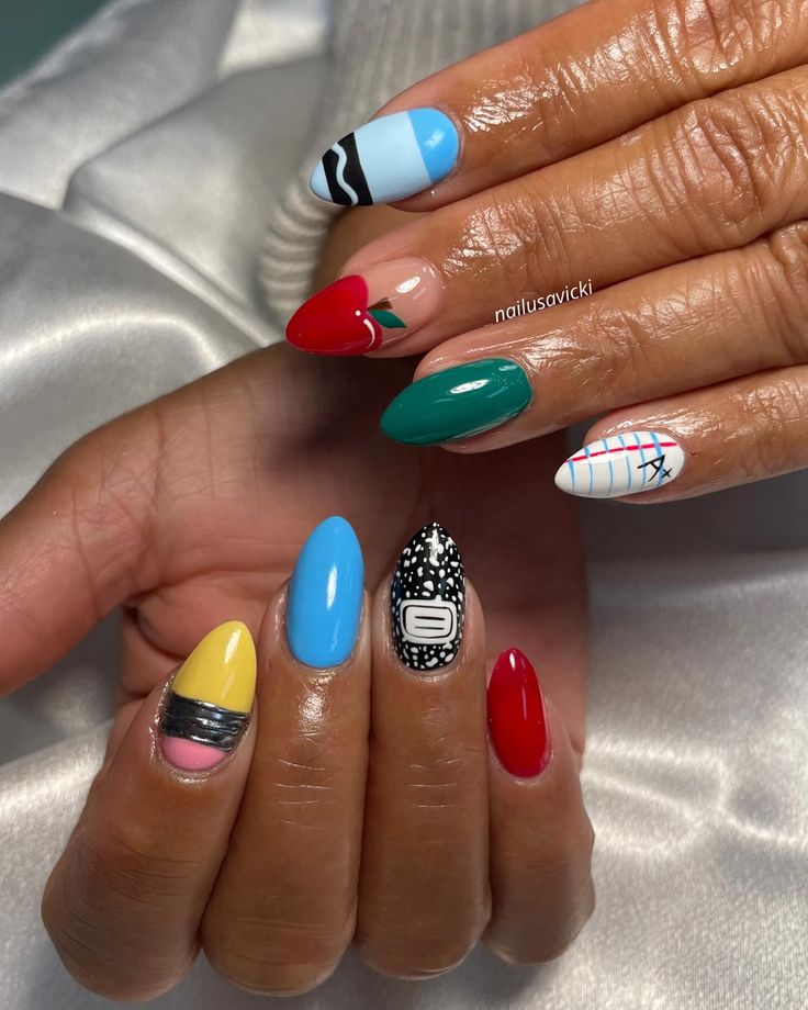 Teacher Appreciation Week just needs to be a month long celebration✏️🗒️🍎 . . . #nails #nailusa #nailart #naildesign #nailsofInstagram #naildesigns #nailsoftheday #naildesignsideas #acrylic #acrylicnails #raleigh #durham #raleighnails #trend #trendynails #springnails #summernails #funnails #colorfulnails #schoolnails #teachernails School Themed Nail Designs, Fair Themed Nails, Teacher Nail Art Designs, Teacher Theme Nails, Science Teacher Nails, Teacher Inspired Nails, School Teacher Nail Art, Teacher Nails Designs Simple, Back To School Nail Designs For Teachers