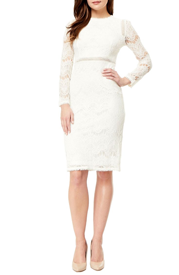 This sophisticated long-sleeve dress is constructed with delicate lace, making it a perfect pick for your next event. 42" length (size Small) Jewel neck Hidden back-zip closure Long sleeves Sheer lattice waist panel Lined 100% polyester Machine wash, dry flat Imported Model stats: 5'10" height, 32" bust, 25" waist, 36" hip. Model is wearing size Small. Elegant Fitted Midi Dress With Delicate Lace, Fitted Long Sleeve Dresses With Scalloped Lace, Long Sleeve Dresses With Lace Trim For Garden Party, Fitted Lace Dress With Lace Sleeves For Garden Party, Formal Long Sleeve Lace Dress With Scalloped Lace, Elegant Lace Dress With Lace Trim For Garden Party, Elegant Lace Dress For Garden Party, Spring Fitted Lace Dress With Delicate Lace, Elegant Spring Lace Dress With Lace Trim