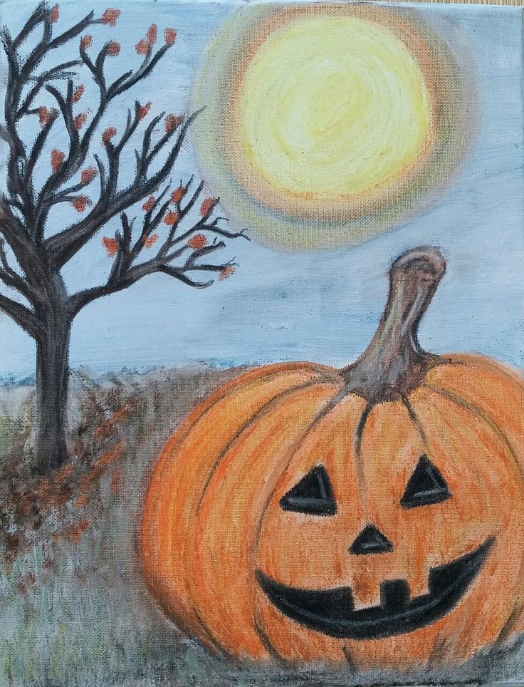 a drawing of a pumpkin sitting next to a tree