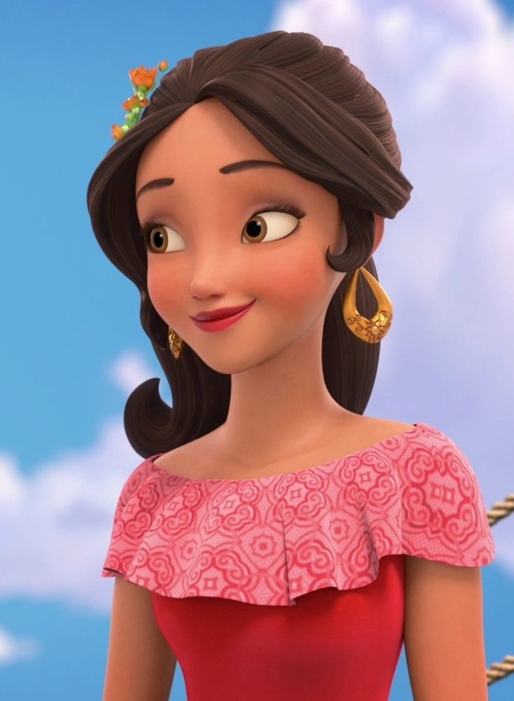 a cartoon girl in a red dress and gold earrings