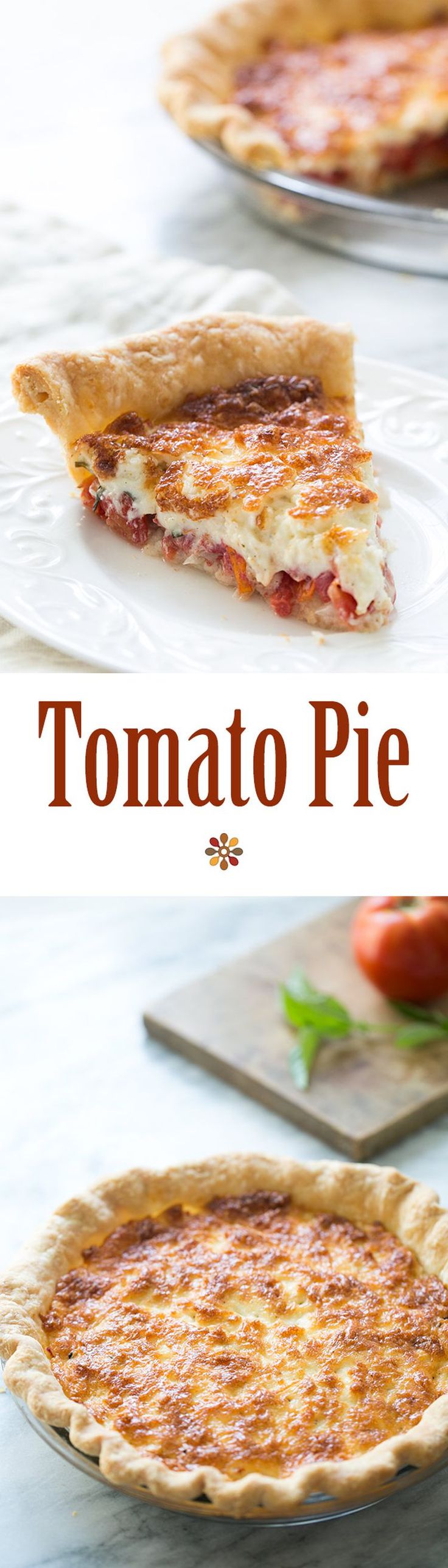 this is an image of two different types of pies with tomatoes in the background