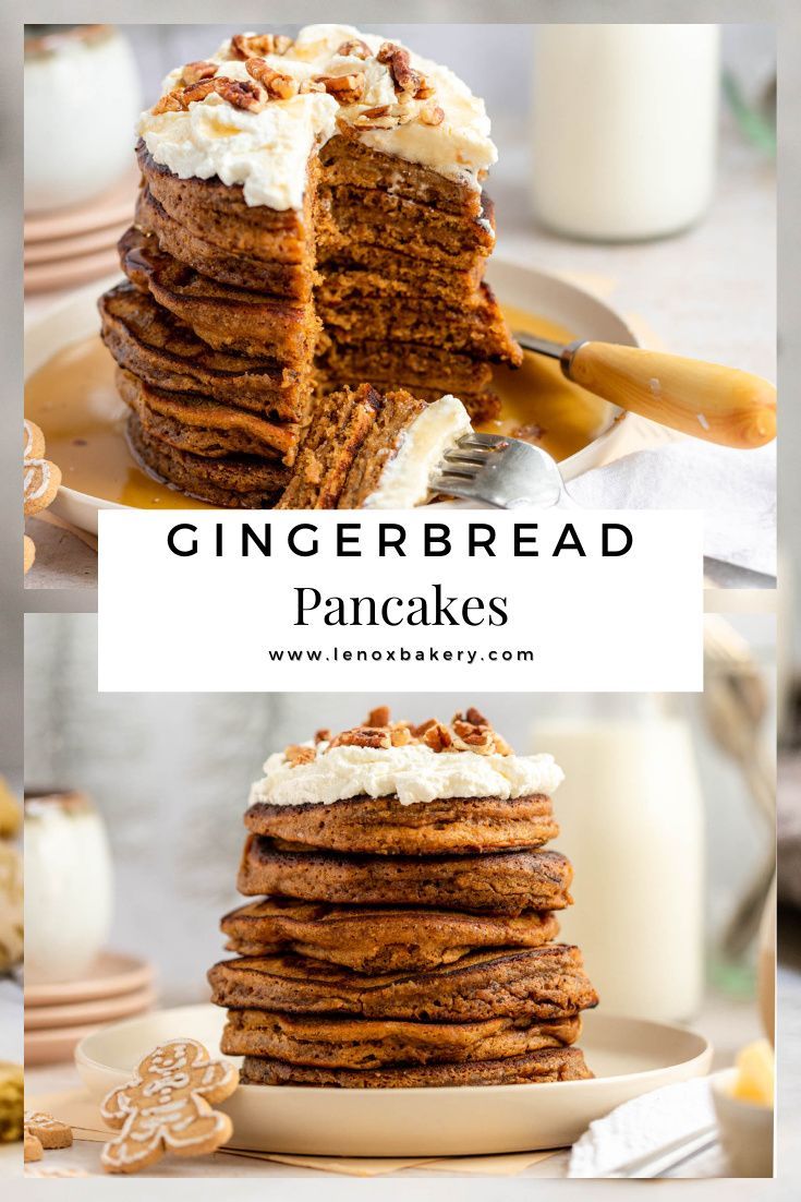 a stack of gingerbread pancakes with whipped cream on top