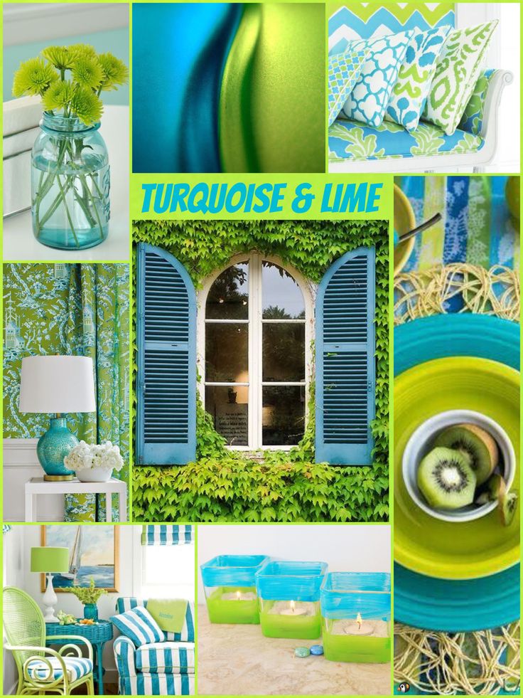 green and blue collage with flowers in vases