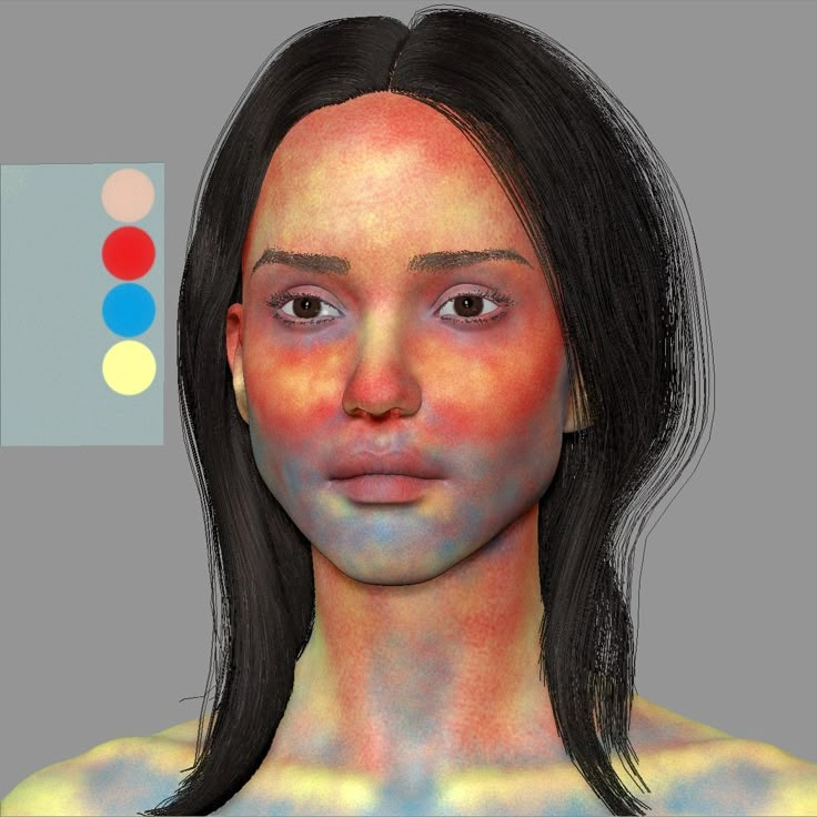 a woman's face is shown with different colored circles around her neck and shoulders