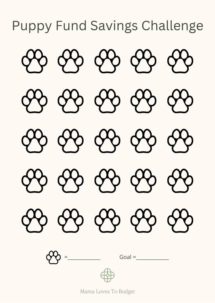 the puppy fund savings challenge is shown in black and white with an image of paw prints