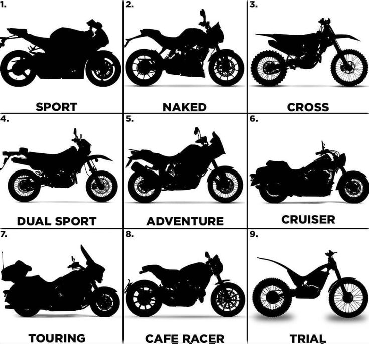 black and white silhouettes of different types of motorbikes in various poses, from front to back