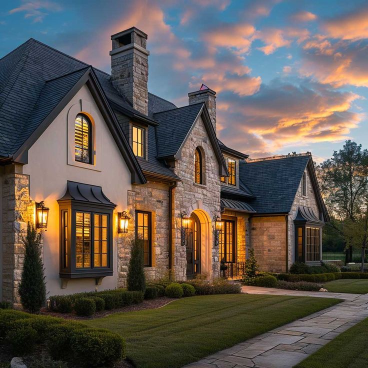 a home with stone and brick exterior at dusk