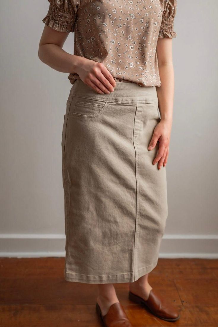 Sara 29" Denim Skirt in Khaki — Salt and Honey Modest Fitted Skirt With Elastic Waistband, Spring Cotton Pencil Skirt With Pockets, Modest Fitted Skirt For Workwear, Khaki Knee-length Spring Bottoms, Spring Khaki Knee-length Bottoms, Knee-length Cotton Pencil Skirt With Pockets, Cotton Knee-length Pencil Skirt With Pockets, Casual Spring Pencil Skirt With Pockets, Casual Pencil Skirt With Pockets For Spring