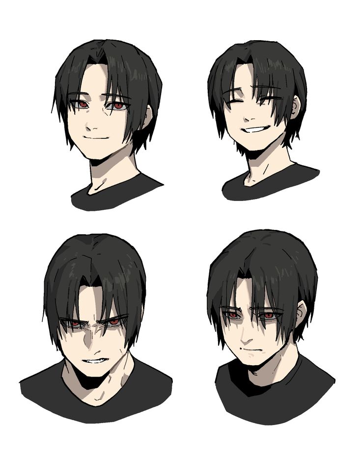 four different angles of the face of a man with black hair and red eyes,