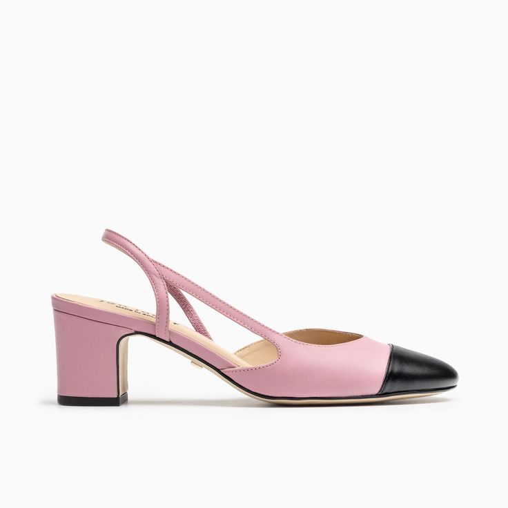 Catch this two-toned capped toe pink and black slingback that's the ultimate combination of form and functionality with its elegant open ankle strap and modest block heel. Leather upper and lining Flexible rubber sole 2 inch heel Made in Spain Ankle Strap Block Heel, Autumn Style, 2 Inch Heels, Slingback Heel, Pink And Black, Nice Shoes, Pink Black, Baby Fashion, Block Heels