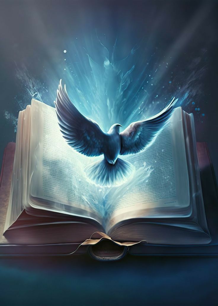 an open book with a bird flying out of it and light coming from the pages