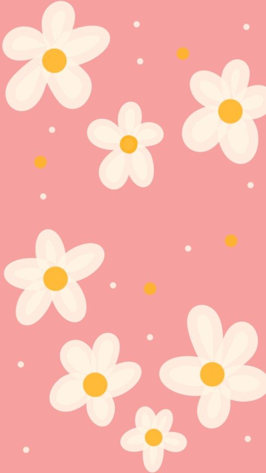 white daisies on a pink background with polka dots and yellow circles in the center