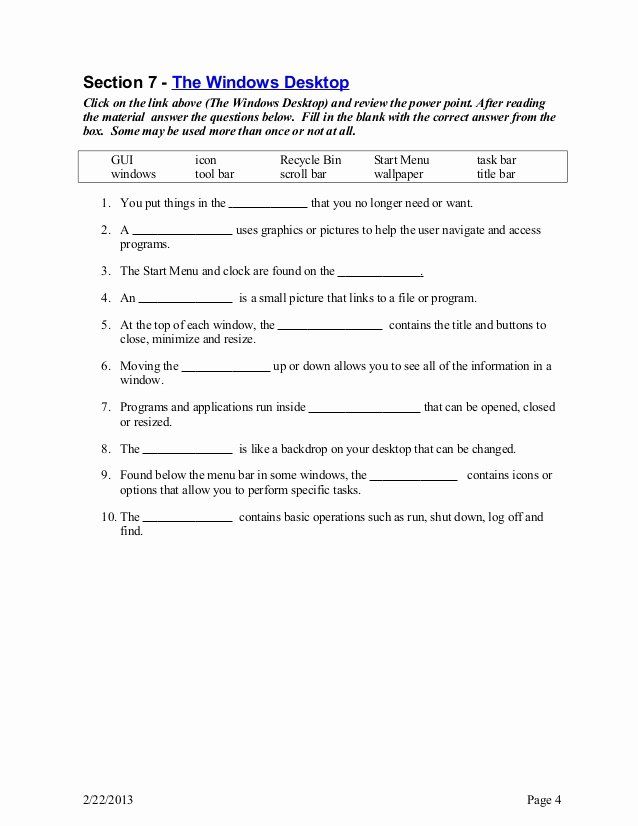 the windows desktop worksheet is shown in this file, and it contains instructions to use