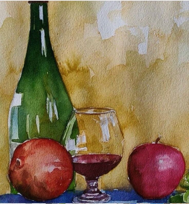 a painting of an apple, wine glass and bottle