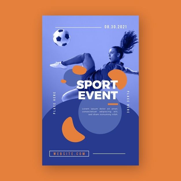 a blue and orange sports event poster with a woman kicking a soccer ball in the air