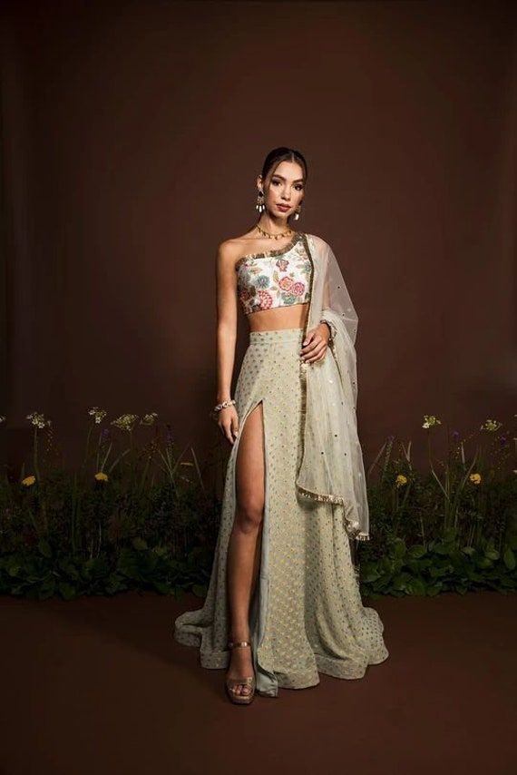 One Shoulder Slit lehenga choli for women Indian wedding wear choli party wear lengha choli bridesmaids lehengas Indian fancy outfit suit 1 Party Wear Lengha, Casual Kaftan, Indian Outfits Modern, Silk Caftan, Wedding Outfits For Women, Lehenga Choli For Women, Sangeet Outfit, Fancy Outfit, Choli For Women