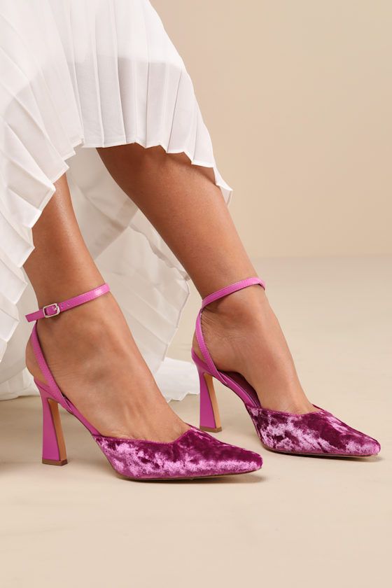 Luxe party looks just aren't complete without the Lulus Jannice Mauve Crushed Velvet Ankle Wrap Heels! These fun heels have a soft, crushed velvet construction that shapes a pointed-toe upper with a squared, low-cut collar. Slender straps sprout from the sides to wrap around the ankle and secure with a small silver buckle, all atop a chic sculpted heel. 3. 75" sculpted heel. Cushioned insole. Felted rubber sole has nonskid markings. Man Made Materials. Imported. Lulus | Jannice Mauve Crushed Velvet Ankle Wrap Heels | Size 6.5. 80s Prom Shoes, Pink Velvet Heels, Wrap Around Heels, Ankle Wrap Heels, Formal Heels, Fun Heels, Velvet Heels, Party Heels, Wrap Heels