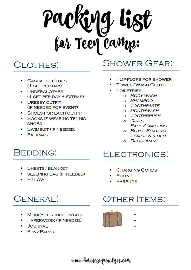 the packing list for teen campers is shown in black and white, with text overlay