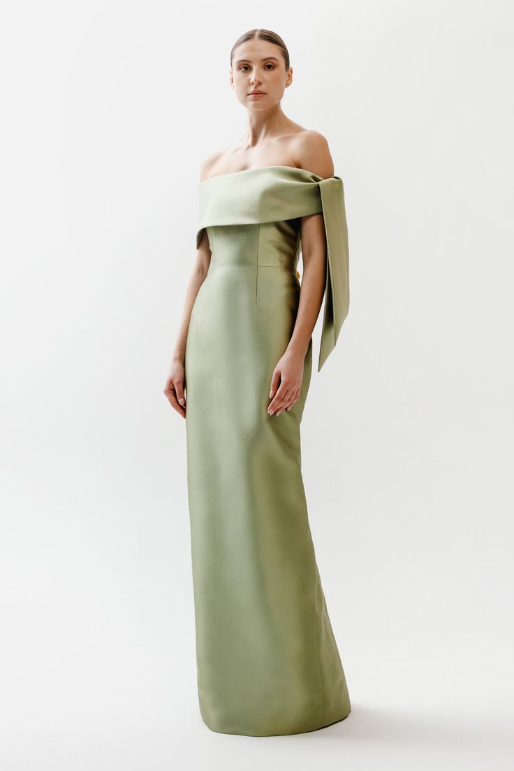 Off Shoulder Draped Tie Gown Suits To Go With Green Dress, Bridesmaid Gown Elegant, Off Shoulder Bridesmaid Dress, Gowns Elegant, Gown Suit, Sage Green Dress, Dress Code Wedding, Off Shoulder Gown, Trumpet Skirt